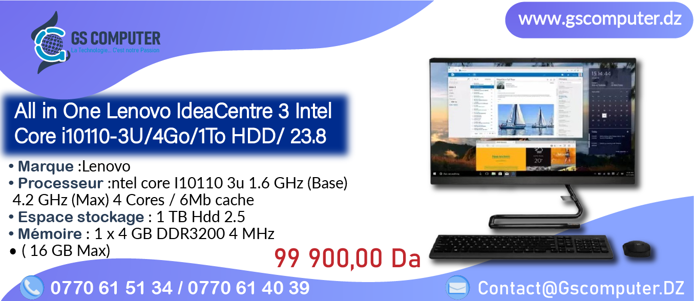 All in One Lenovo IdeaCentre 3 Intel Core i3-10110U/4Go/1To HDD/ 23.8